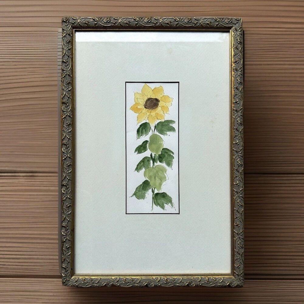 Ornate Vintage Bronze Tone Frame Matted Original Watercolor Sunflower Art